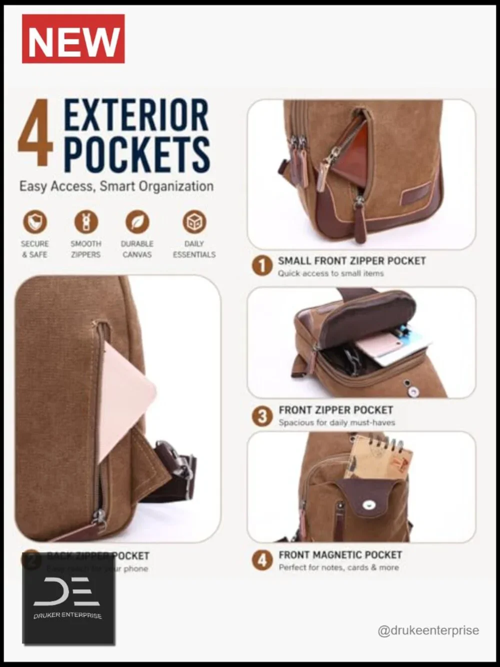 Canvas Sling Bag Crossbody Chest Bag Casual Daypack Backpack with Adjustable